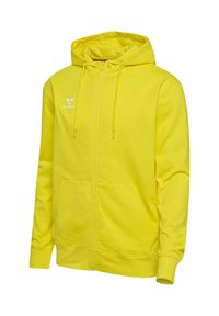 Lysegul hættetrøje med fuld lynlås, snore, forlommer, ribmanchetter og et lille hvidt hummel-logo på venstre bryst.