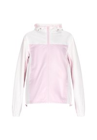 Letvægts jakke med et rosa og hvidt farveblokdesign, hætte, frontlynlås, elastiske manchetter og en glat, blank tekstur.