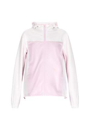 Ľahká bunda s ružovo-bielym farebným blokovým dizajnom, kapucňou, predným zipsom, elastickými manžetami a hladkou, lesklou textúrou.