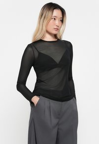 Black long-sleeve top with sheer texture and fitted design, layered over a contrasting black bralette pattern, paired with gray high-waisted trousers.