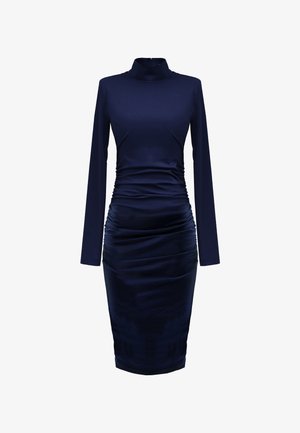 Navy blue sukienka z długim rękawem i wysokim kołnierzem, z marszczeniami na całej powierzchni, wykonana z gładkiego, elastycznego materiału, dopasowana do sylwetki.