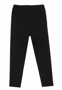 Leggings negros de algodón, con una cinturilla elástica y una textura suave y elástica. Sin patrones ni acentos visibles.