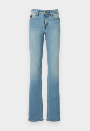 Heled sinised flared teksad, mis on valmistatud denimist ja millel on kulunud viimistlus. Teksad sisaldavad klassikalist viie tasku disaini ning metallist nup closure.