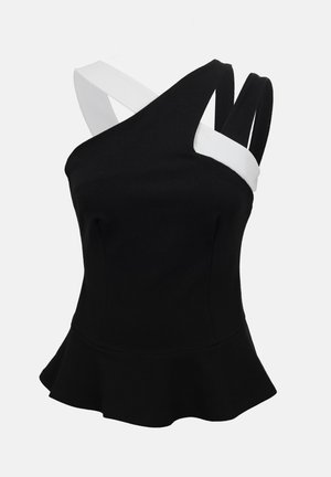Čierny bezrukávový top s peplum volánom, asymetrickým výstrihom a kontrastnými bielymi a čiernymi ramienkami na jednofarebnom pozadí.