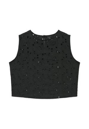 Top corto nero senza maniche con ricamo floreale a occhiello e scollo rotondo, dotato di una piccola chiusura con bottone sul retro.