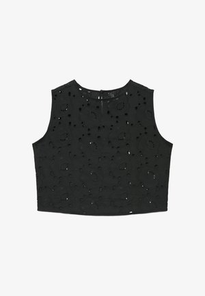 Haut court noir sans manches avec broderie florale en œillets et encolure ronde, avec une petite fermeture à bouton au dos.