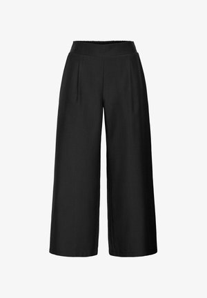 Svarta vida byxor med en platt midja och veck, tillverkade av ett slätt tyg, med en skräddarsydd design och rena kanter.