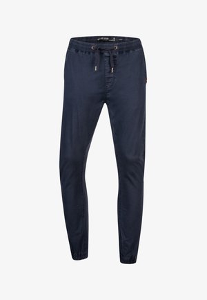 Navy blue jogger pants made from a smooth fabric, featuring an elastic waistband, drawstring closure, and tapered legs.