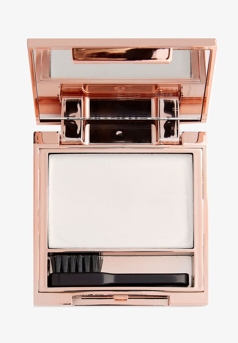 Compact face powder in a rectangular rose gold case, featuring a mirror, white powder, and a black brush for application.
