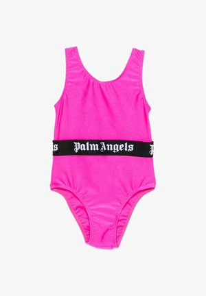 Maillot de bain une pièce sans manches rose vif avec une ceinture noire présentant le texte blanc "Palm Angels" en police gothique.