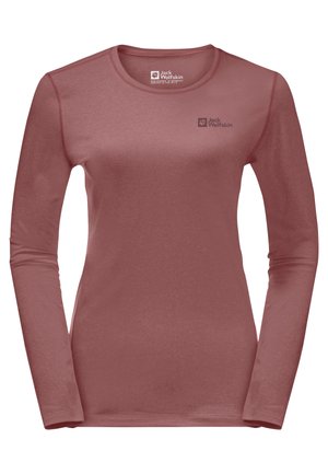 Camicetta a maniche lunghe di colore rosa tenue, realizzata in tessuto morbido. Presenta un colletto rotondo e un piccolo logo di colore scuro sul petto.