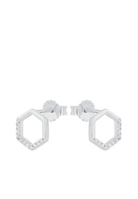 Pendientes en forma de hexágono plata, con una fila de pequeños cristales transparentes a lo largo de un borde, terminados con un seguro cierre de presión.