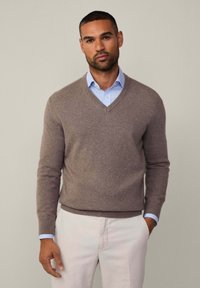 Ruskea V-pääntie villapaita, joka on valmistettu pehmeästä materiaalista, puettuna vaalean sinisen raidallisen paidan päällä. Hihoissa on kapea malli, ja villapaidassa on siisti muotoilu.