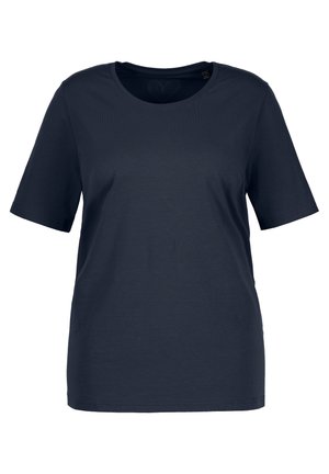 Granatowa koszulka z bawełny z krótkim rękawem, okrągłym dekoltem i luźnym krojem. Charakteryzuje się gładką powierzchnią oraz brakiem widocznych wzorów i zdobień.