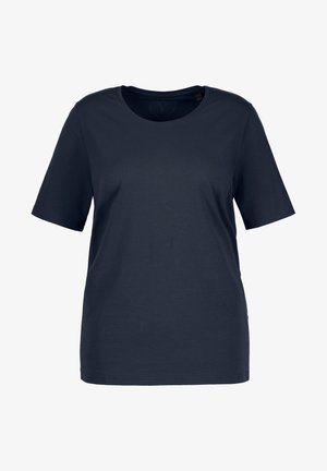 Camiseta de algodón azul marino de manga corta, con cuello redondo y un corte relajado. Presenta una textura suave y sin patrones o embellimientos visibles.