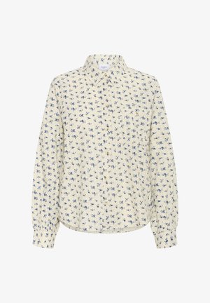 Cămașă crem cu nasturi, având un model floral albastru. Mâneci lungi cu manșete adunate; tiv drept; guler cu textură subtilă.