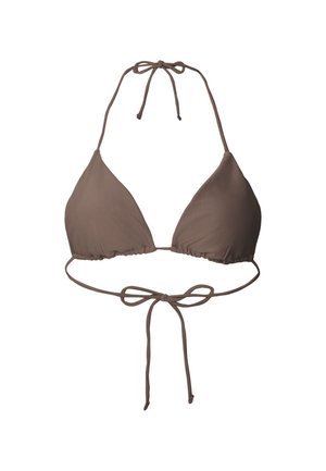 Haut de bikini marron avec un design triangulaire, des bretelles fines réglables et une fermeture à nouer dans le dos, fabriqué en matériau lisse et extensible.