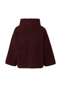Dark burgundy ribbed knit sweater with wide 3/4 sleeves and a large folded turtleneck collar, shown from the back on white background.