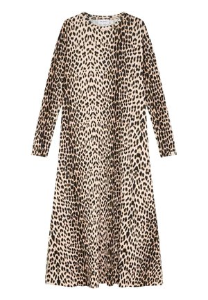 Garais piedurknu kleita ar leoparda rakstu tan un melnā krāsā, izgatavota no mīkstas, plūstošas auduma. Apaļš kakla izgriezums un plūstoša siluets.