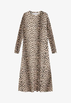 Ilgų rankovių suknelė su leopardų raštu tan ir juodos spalvos atspalviuose, pagaminta iš minkštos, krentančios medžiagos. Apvalus iškirpimas ir laisvai krentanti siluetas.