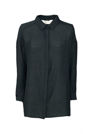Long-sleeve black button-up shirt with a collar and cuff buttons, displayed against a plain white background.