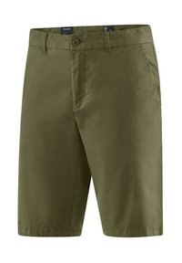 Pantaloni corti verde oliva realizzati in tessuto leggero, con chiusura a bottone, tasche frontali e un taglio dritto con bordi rifiniti.