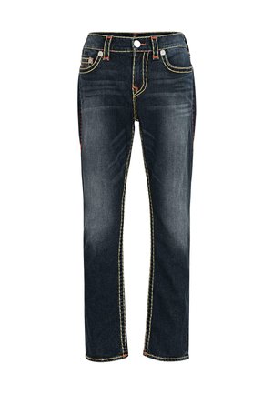 Dark blue denim jeans with contrast yellow stitching, five pockets, and a straight leg design. Features a button closure and belt loops.