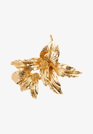 Blumenförmige Brosche aus goldfarbenem Metall mit detailliert strukturierten Blütenblättern und einer kleinen Öse zum Befestigen.
