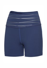 Navy blue athletic shorts with a wide waistband featuring silver curved stripes, made from stretchy, smooth fabric. Short inseam and solid design.