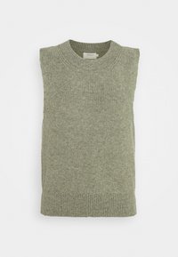 Pull sans manches tricoté de couleur vert clair, avec un col rond et un ourlet côtelés. Fabriqué dans un matériau doux et texturé.