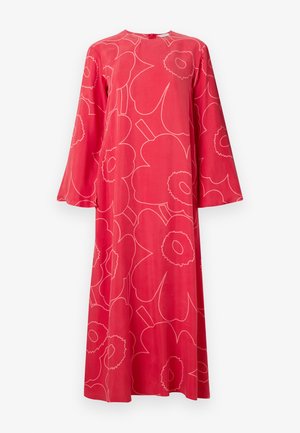 Red floral dress with long sleeves, featuring a round neckline and white outline patterns of large flowers. Lightweight fabric, ankle-length.