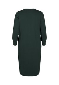 Dunkelgrünes Langarmkleid aus glattem Stoff, mit geradem Schnitt und seitlichen Schlitzen. Einfacher runder Ausschnitt, keine zusätzlichen Details.