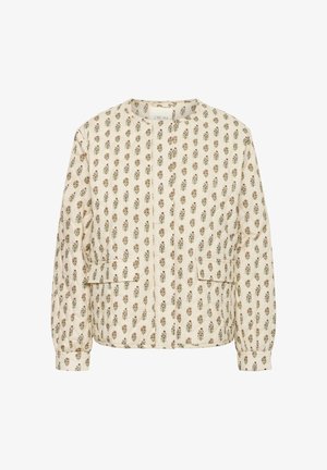 Veste matelassée de couleur crème clair avec un motif floral. Comprend des manches longues, un col rond et deux poches avant. Tissu doux et texturé.