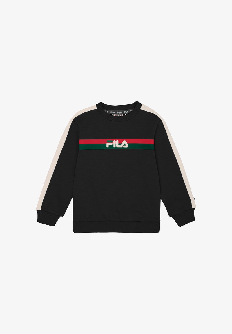 Svart sweatshirt med beige ärmslingor och röd och grön horisontell rand över bröstet, med FILA-logotyp i vita bokstäver.