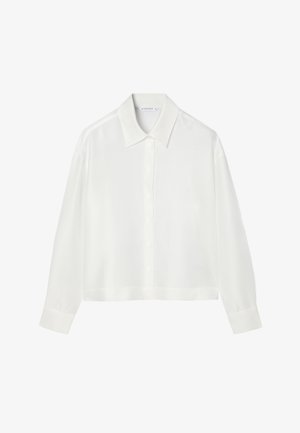 Weiße Bluse mit langen Ärmeln, weitem Kragen, durchgehender Knopfleiste und weichem, glattem Stoff. Verfügt über ein kurzes Design und Standardmanschetten.