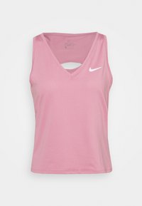 Roze mouwloos tanktop met een V-hals en een uitsnijding aan de achterkant, gemaakt van geribbelde stof. Voorzien van een wit Nike-logo op de borst.