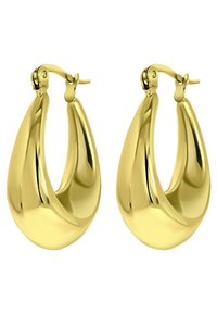 Gouden hoepel oorbellen met een slanke, druppelvorm en een glanzende afwerking. Het ontwerp heeft een scharniersluiting voor gemakkelijk dragen.