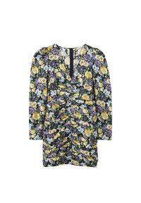 Abito floreale con maniche lunghe, caratterizzato da fiori gialli, viola e blu su uno sfondo nero, dettagli arricciati e scollatura a V.