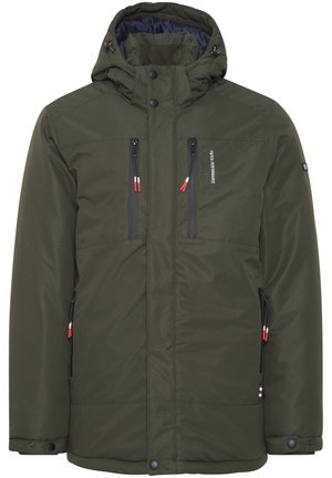 Olive green insulated jacket with a hood, two chest pockets, side pockets, and contrasting zippers with red accents. Textured fabric finish.
