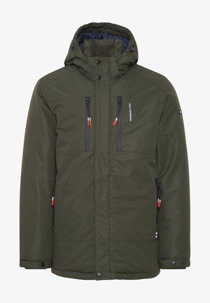 Olive green insulated jacket with a hood, two chest pockets, side pockets, and contrasting zippers with red accents. Textured fabric finish.