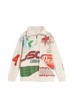 Cremefarvet zip-up sweatshirt med farverig vintage-stil grafisk tekst og tal i rød, grøn og blå på fronten og ærmerne.