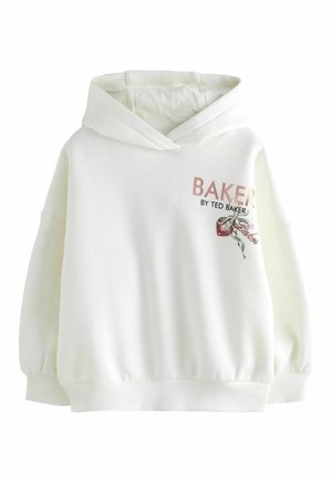 Haut à capuche blanc avec capuche, épaules tombantes et poignets côtelés. Présente l'inscription "BAKER" et un motif floral à l'avant. Texture douce.