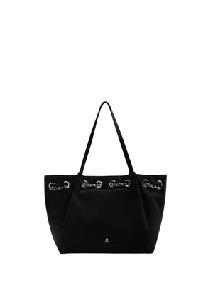 Bolso tote negro con dos asas largas, detalles de cadena plateada cerca de la parte superior y un pequeño logo de calavera blanca en el centro inferior.
