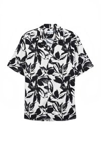 Camicia a maniche corte in morbido tessuto con un motivo floreale nero su sfondo bianco; presenta un colletto a petto di pollo e chiusura a bottone.
