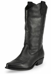 Bota vaquera de cuero negro con puntera puntiaguda, costuras decorativas en el caña y un tacón bajo apilado. Presenta lengüetas de agarre a ambos lados.