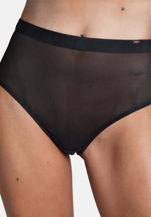 Black high-waisted bikini briefs made of sheer mesh material. Features a smooth elastic waistband and minimalistic design with no visible patterns.