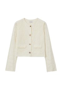 Häkelstrukturierte, cremefarbene, kurze Jacke mit langen Ärmeln, die vier metallische Knöpfe und zwei Vordertaschen aufweist. Schlichtes, elegantes Design.