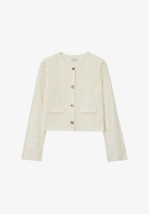 Crochet-textured, ivory cropped jacket with long sleeves, featuring four metallic buttons and two front pockets. Simple, elegant design.