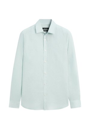 Hellblaues langärmliges Hemd zum Knöpfen mit spitzem Kragen, sichtbaren Knöpfen an der Vorderseite und geknöpften Manschetten.