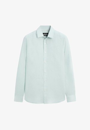 Hellblaues langärmliges Hemd zum Knöpfen mit spitzem Kragen, sichtbaren Knöpfen an der Vorderseite und geknöpften Manschetten.
